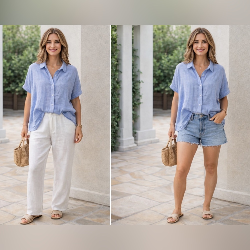 Women’s 100% Linen Button Front Shirt XL Blue Lightweight Short Sleeve Relaxed